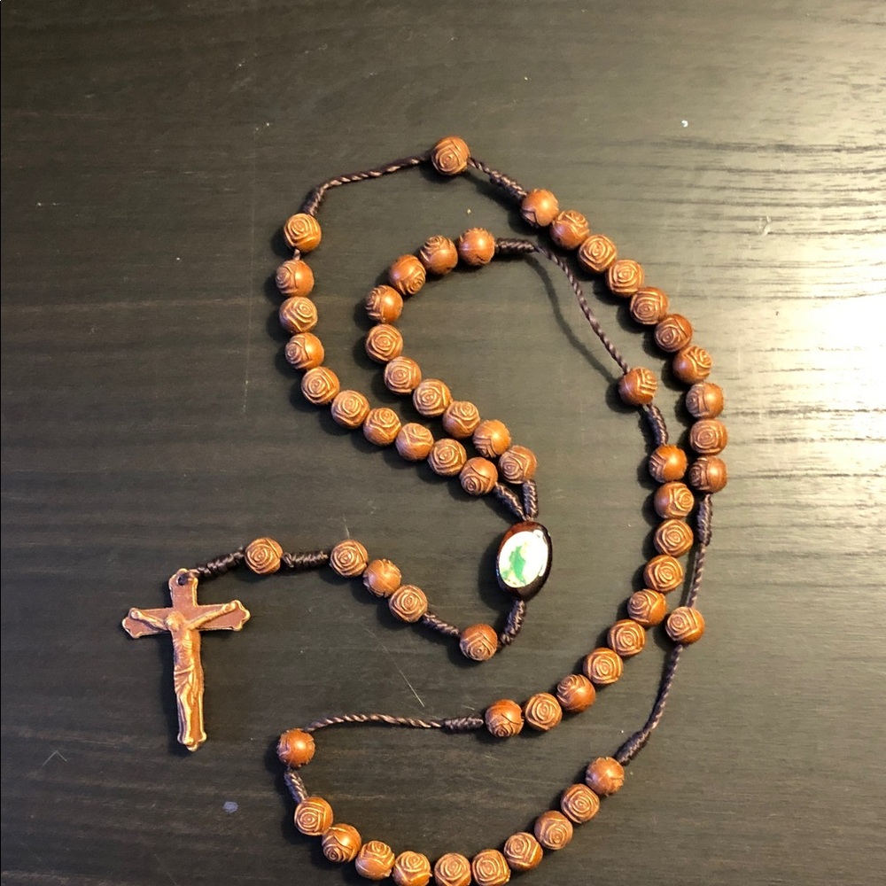 Wooden Rose Bead Rosary Necklace with Crucifix